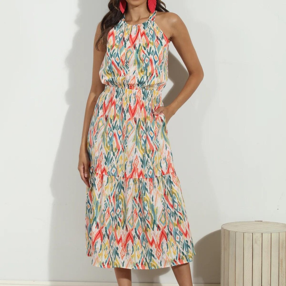 NWT! Veronica M Cynda Poplin Halter Midi Dress Tiered Colorful Print L Indie USA